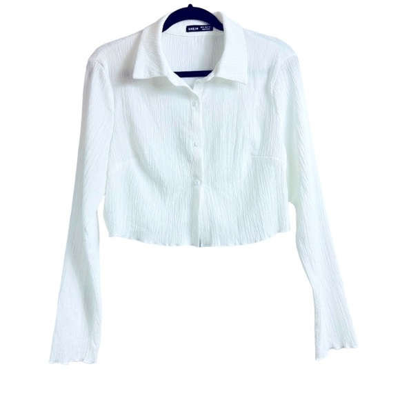 SHEIN Women’s Sz XL/12 White Solid Button Down Long Sleeve Crop Shirt - Picture 1 of 7